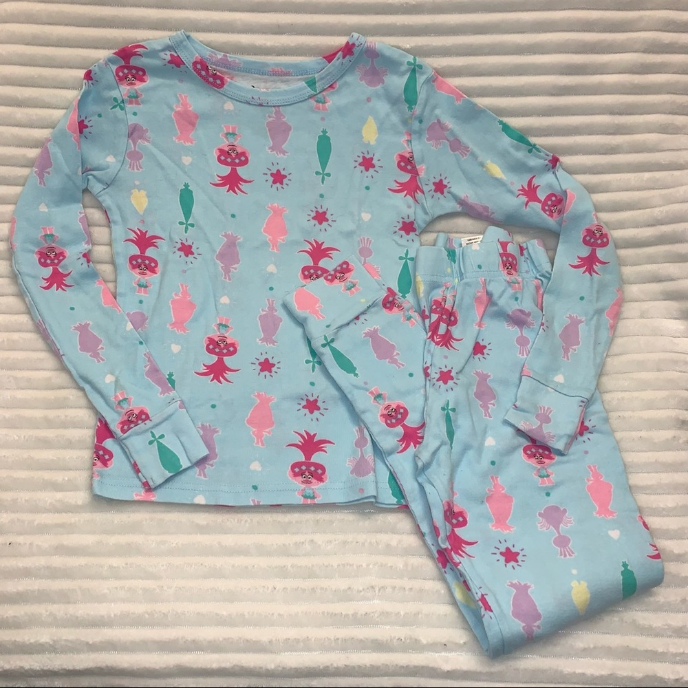 Girl’s 10 TROLLS Snug Fitting 2-PC Pajama Set Light Blue / Multi 100% Cotton VGC